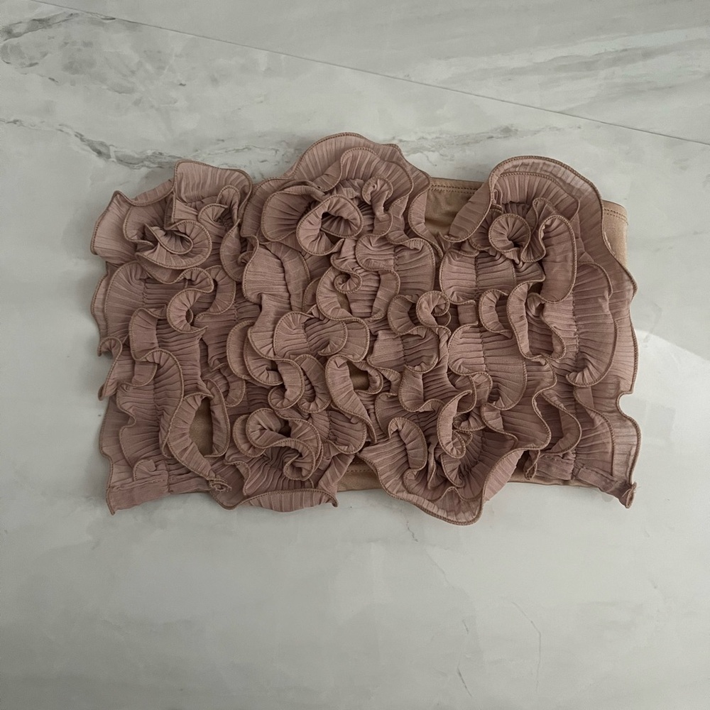 Shein tan 3D ruffled floral tube top